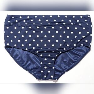 Lands' End Navy and White Polka Dot High-Waist Bikini Bottom